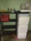 plastic shelf unit with contents, styrofoam coolers and more