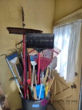 barrel of yard tools and miscellaneous