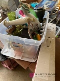 Tote of collectible knickknacks and miscellaneous in garage