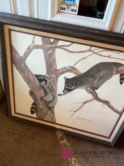 Framed picture raccoons by Richard Evans Younger signed