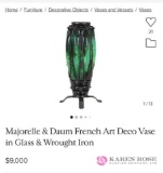 Majorelle & Daum French Art Deco Vase in Glass & Wrought Iron Signed