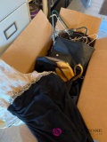 Box of assorted ladies dresses handbags belts