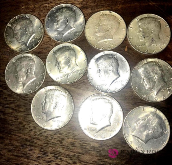 11- Silver Kennedy Half Dollars 1964