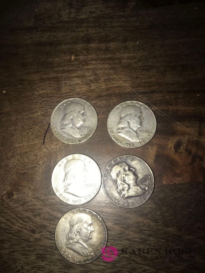 5- silver Benjamin Franklin half dollars 1952-1949-1960-1959-1963