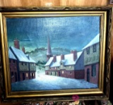 canvas picture signed Christmas Eve in an English village Tudor pargeting
