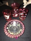 cranberry hand painted glasses/dish
