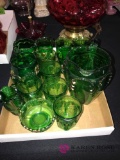 Assorted green depression glassware