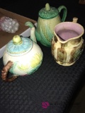 2- tea pots/pitcher 3pc lot MAJOLICA  OLD