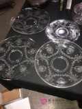 3- vintage etched glass platters/bowl