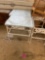 three metal matching end tables with glass tops
