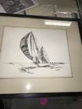Framed sailboat picture signed 21 in x 17 in