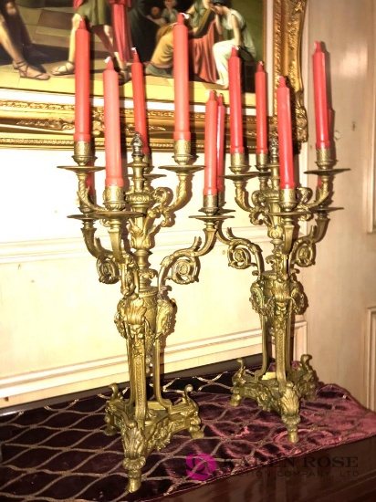 Pair brass metal ornate gold 6 candle holders 21 in high