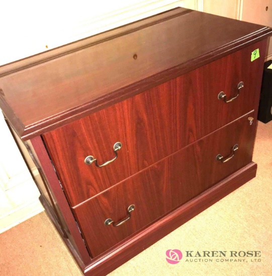 wooden 2- drawer file cabinet 37 in across x21 in 30 in high with key lock