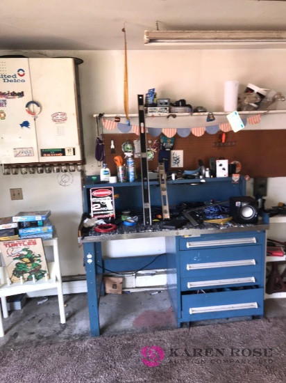 metal work bench /contents/white shelf contents/games