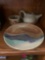 3- pottery plate candle holder and tea pot