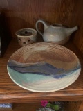 3- pottery plate candle holder and tea pot