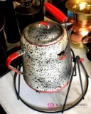 Vintage camp fire coffee boiling pot graiteware black speckles