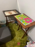 two tv trays and wooden stool