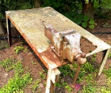 Yost vise and metal table in backyard bring help to load