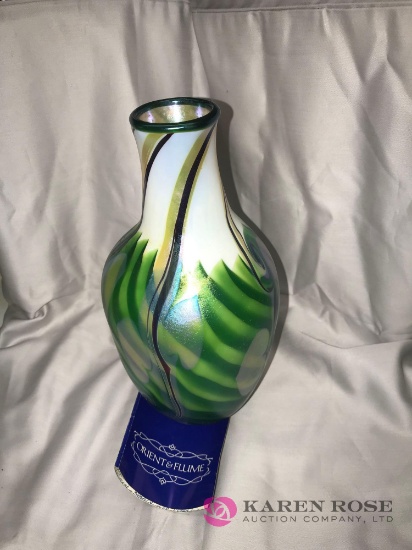 Orient & Flume Art glass 8 in vase Peking green and gold signed and numbered