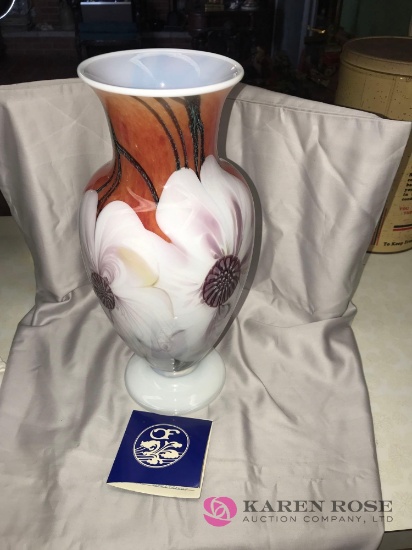 Orient & Flume Art Glass 13 1/2 in glossy floral umber vase signed and numbered