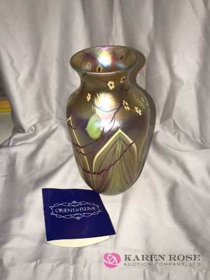 Orient & Flume Art glass gold irissene vase 9 in high signed
