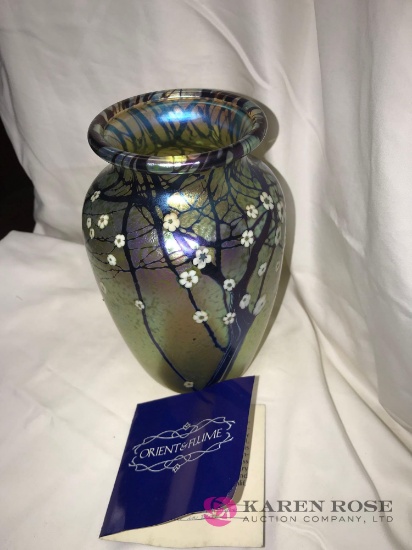 Orient & Flume Art glass vase gold irissene signed and numbered 7 1/2 in high