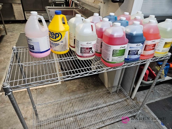 Forty eight inch wire rack with cleaning supplies