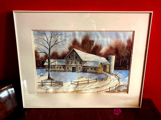 22 x 28 painting snowy barn by Robert Tebeau