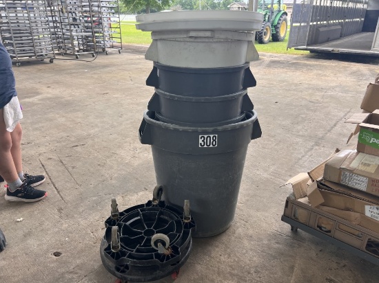 6 garbage cans, 3 lids, 2 sets of  wheels