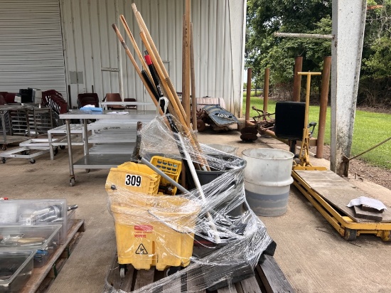 2 mop buckets, garbage can, misc mops, brooms