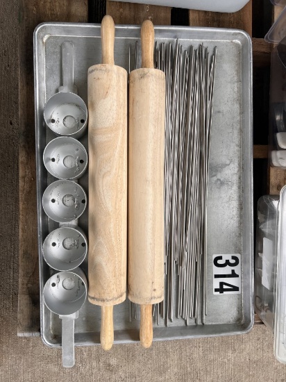 2 rolling pins, aluminum tray, shishkabob sticks