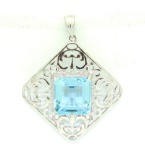 *Fine Jewelry 14 kt. White Gold, 0.34CT Square Cut Aquamarine And Diamond Pendant