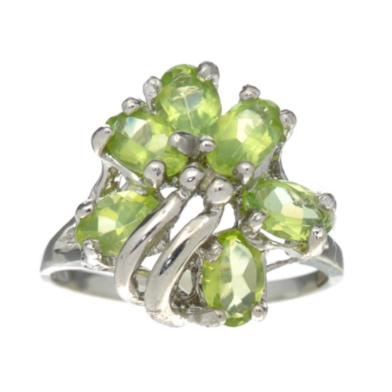 Fine Jewelry Designer Sebastian, 2.64CT Oval Cut Green Peridot And Sterling Silver Cluster Ring