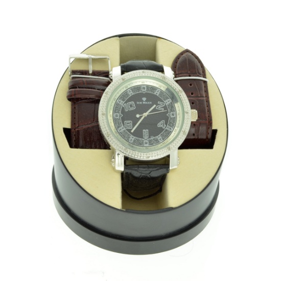 Men's Ice Maxx Designer Round Watch On Case and Interchangeable Black & Brown Band