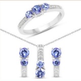 1.54CT Round Cut Tanzanite And White Topaz Sterling Silver Ring, Pendant w/ Chain & Earrings Set