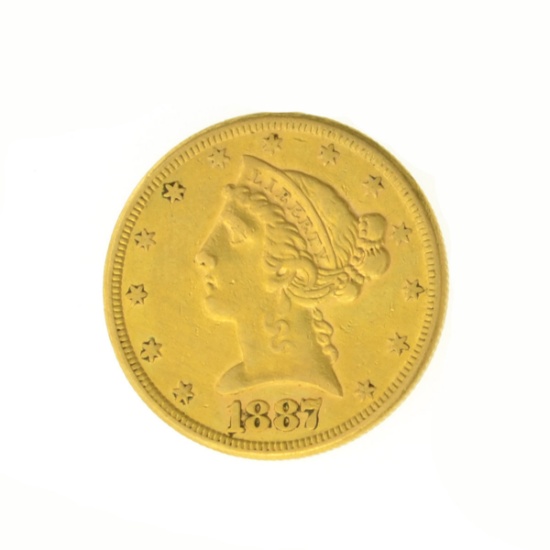 *1887-S $5.00 U.S. Liberty Head Gold Coin (JG)