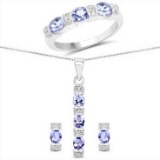 2.82CT Tanzanite And White Topaz Sterling Silver Ring, Pendant w/ Chain & Earrings Set