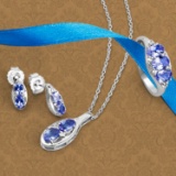 3.12CT Tanzanite And White Topaz Sterling Silver Ring, Pendant w/ Chain & Earrings Set