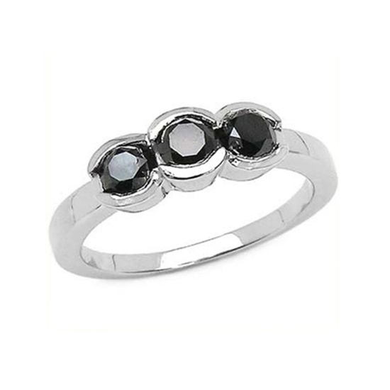 Fine Jewelry 1.16CT Round Cut Black Diamond And Sterling Silver With Rhodium Ring