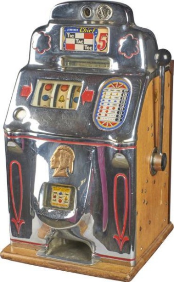 5 ¢ Jennings Chief Rare Restpred Tic-Tac-Toe Slot Machine Size 15-1/2'x15-1/2'x28'-P-