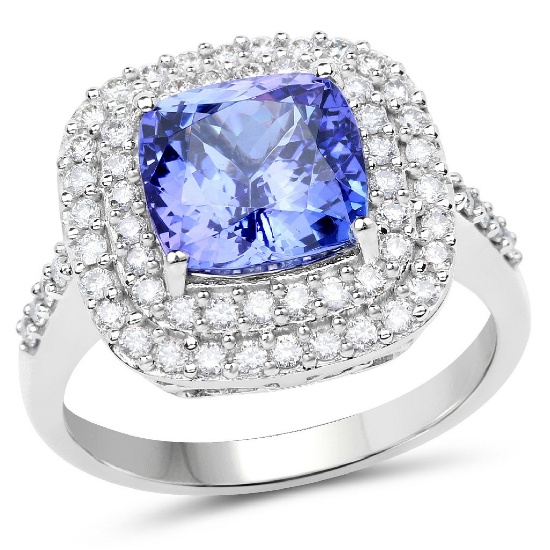 *14 kt. White Gold, 3.11CT Square Cushion Cut Tanzanite And Diamond Ring