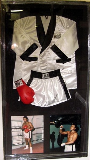 Muhammad Ali Signed: Robe, Trunks and Glove Collage -P-