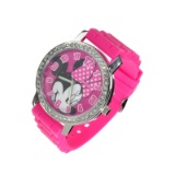 New Disney's Minnie Mouse, Women's Rhinestone Accent, Pink Rubber Strap Watch