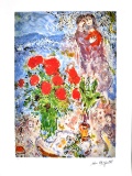 MARC CHAGALL (After) Red Bouquet with Lovers Print, I279 of 500