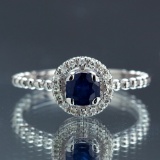 *Fine Jewelry 14KT White Gold, 0.64CT Round Brilliant Cut Blue Sapphire And 0.16CT Diamond Ring