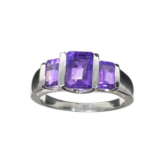 Fine Jewelry 1.75CT Emerald Cut Purple Amethyst Quartz And Platinum Over Sterling Silver Ring