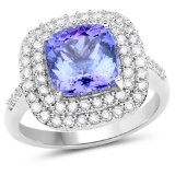 *14 kt. White Gold, 3.59CT Square Cushion Cut Tanzanite And Diamond Ring