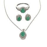 Fine Jewelry 2.23CT Emerald/White Topaz And Sterling Silver Ring, Earrings & Pendant With Chain Set