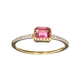 14KT Gold, 0.58CT Rectangular Cut Pink Tourmaline and 0.05CT Round Brilliant Cut Diamond Ring